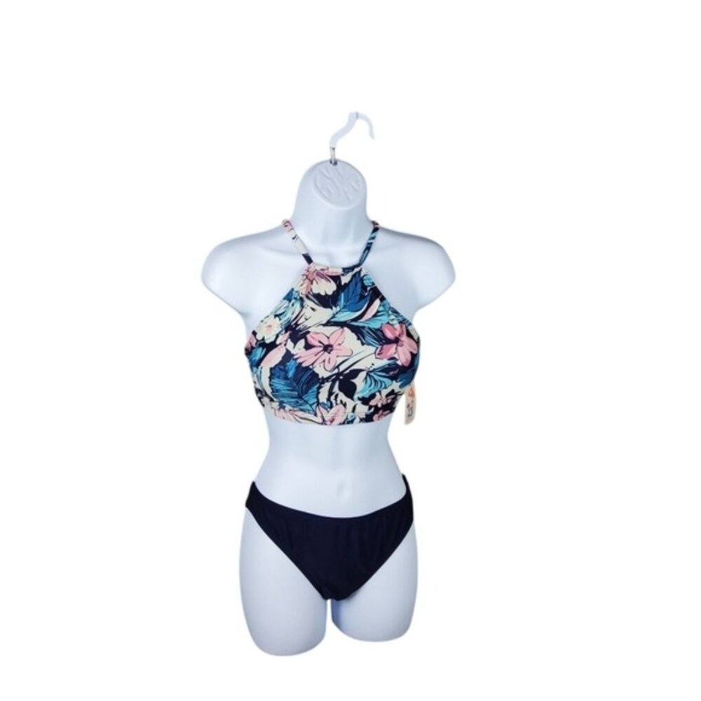 MyCharmo Floral Halter Top Two Piece Bikini Swimsuit Pink and Navy Size Medium